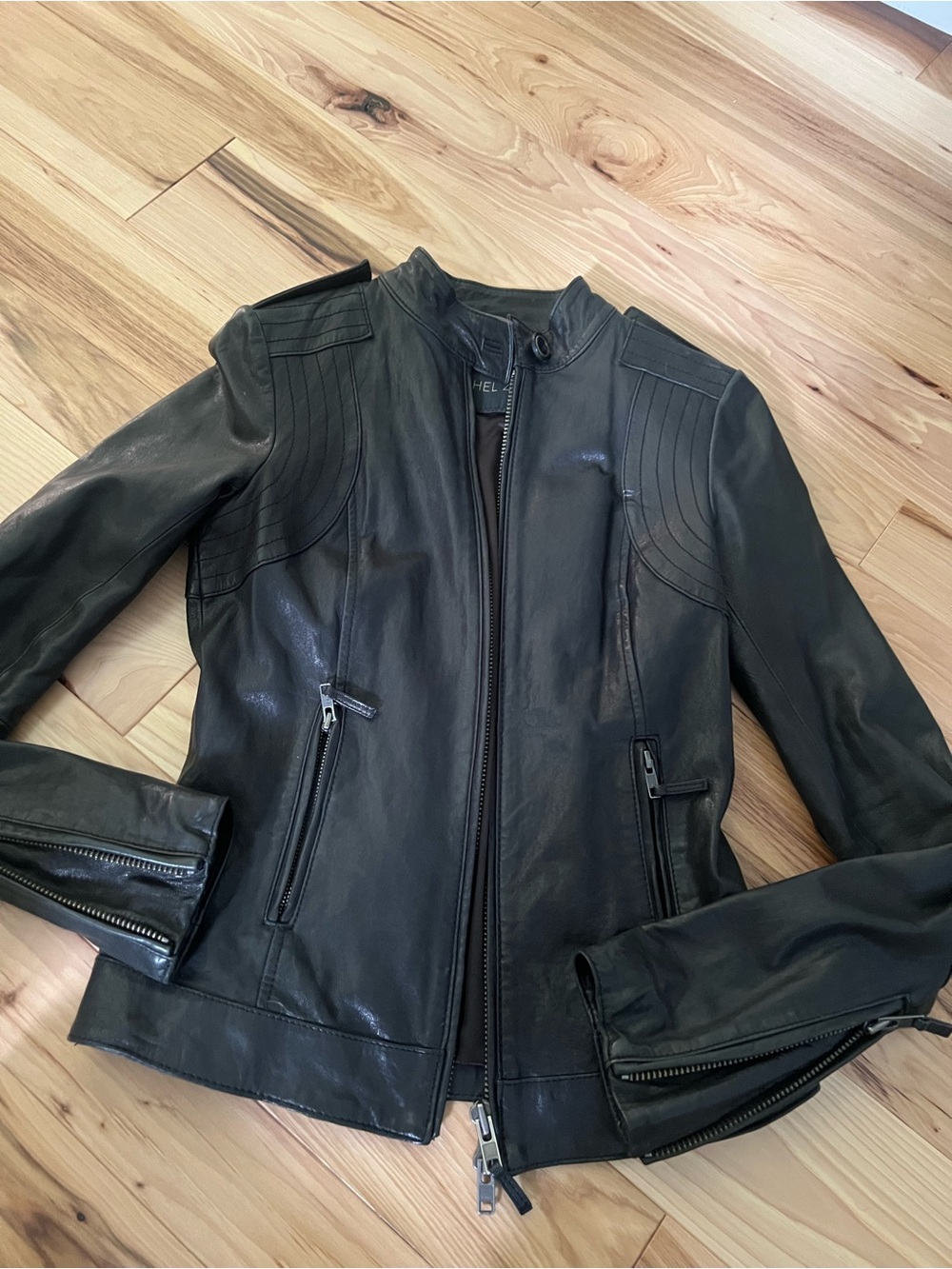 Rachel Zoe Black Leather Moto Jacket with Quilted Shoulder Panels